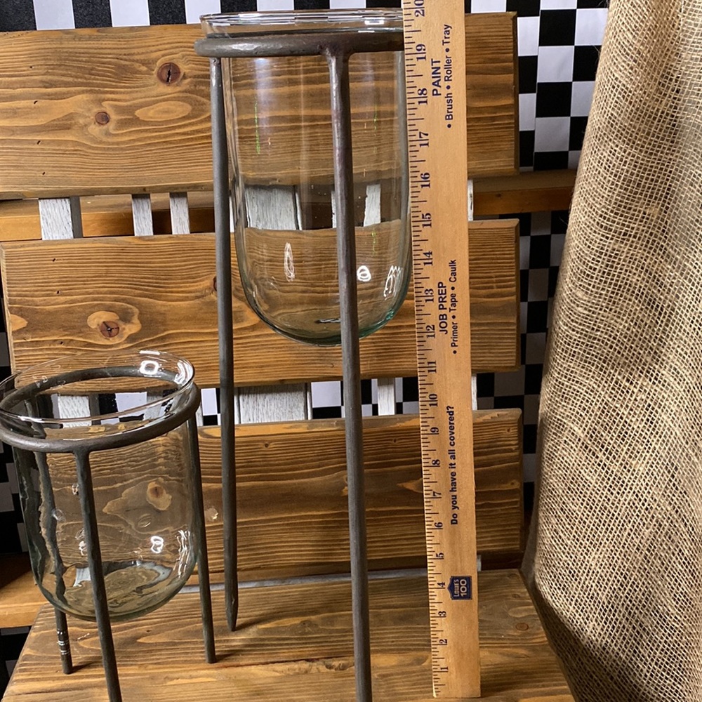 Pottery Barn Set of Two Rustic Metal Tripod Stands with Handblown Glass Vases - Picture 15 of 17